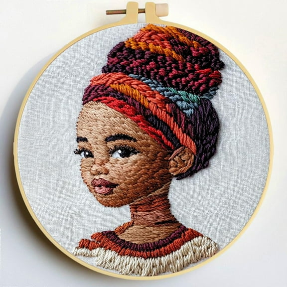 Punch Needle Kits Little African Girl Embroidery Starter Set with Hoop Easy for Beginners DIY Stress Relief Handmade Craft Hobby and Home Decor 20x20cm