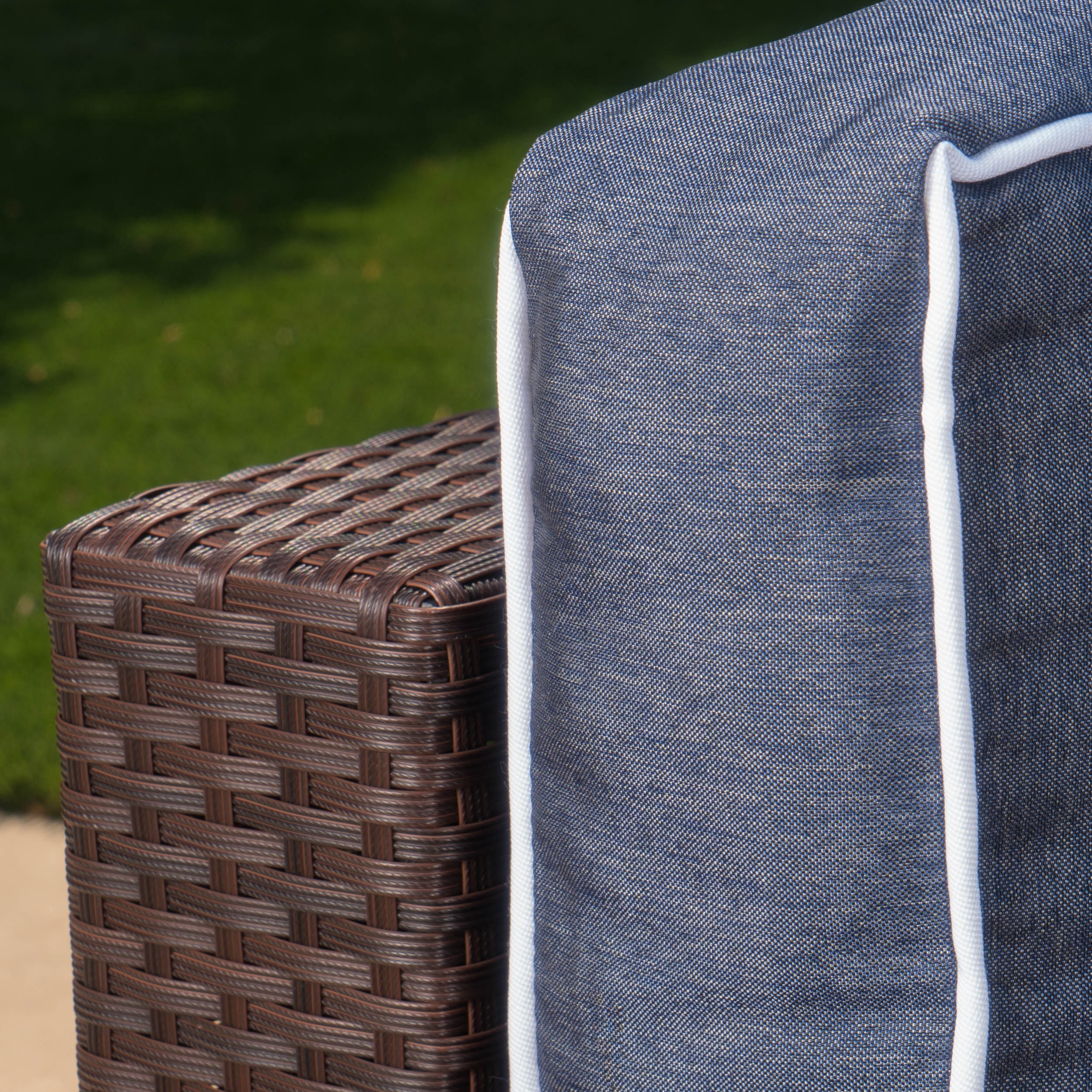 Sinclair 6 Piece Outdoor Wicker 1/2 Round Seating Set with Cushions and Ottoman, Brown, Navy Blue