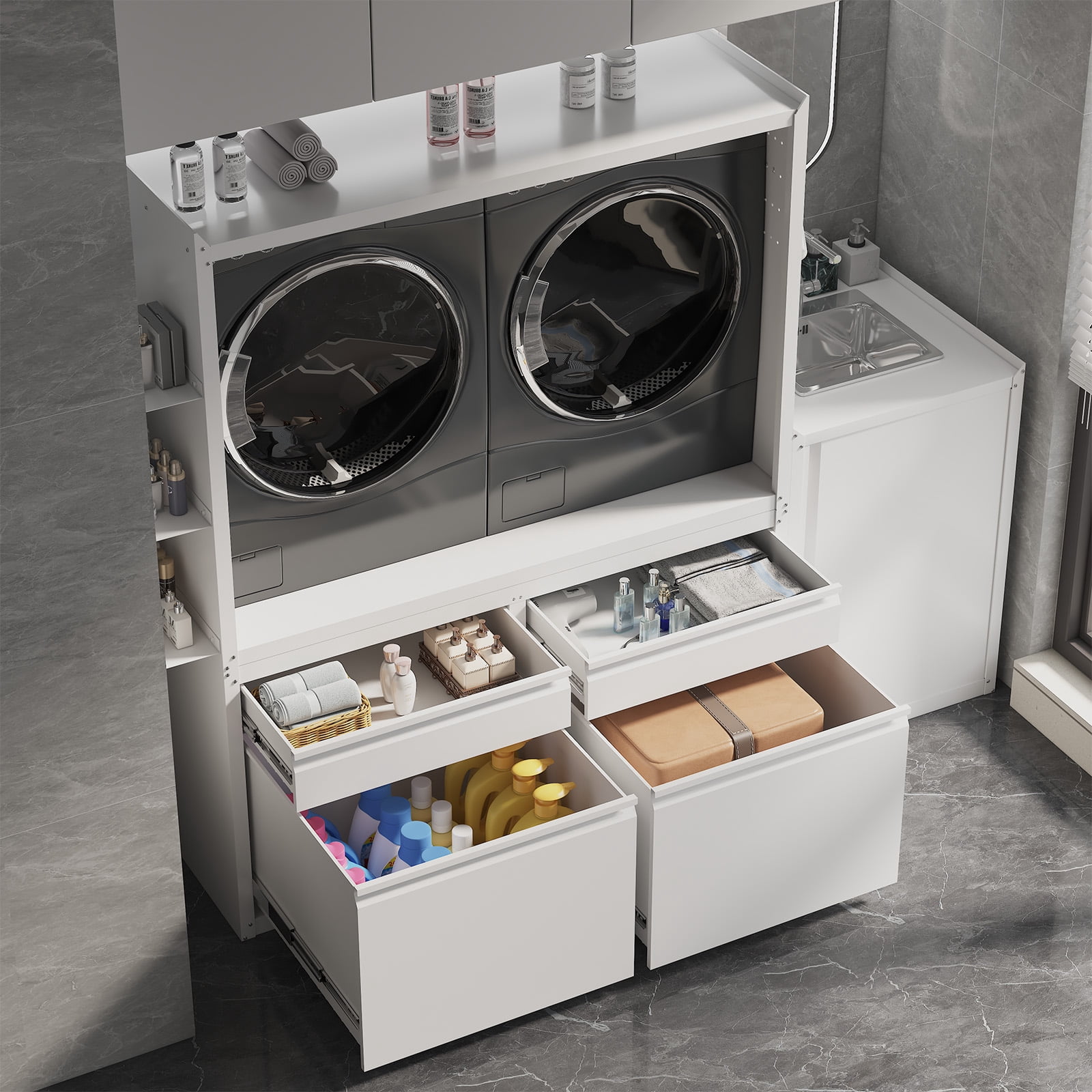 YODOLLA Washing Machine Base, holds 2 washers & dryers, 1300LBS heavy-duty anti-vibration withsink cabinet, drawer hook hanger panel, storage cabinet, White
