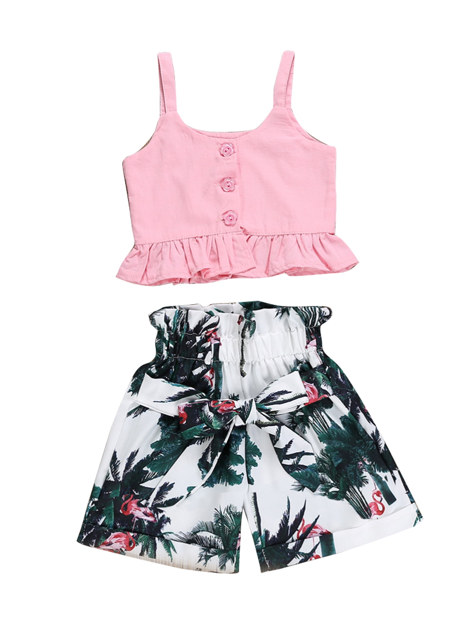 Kids Baby Girl Summer Outfit Cotton Pink Ruffle Tank Crop Top Floral Shorts Bow Clothes Set Two Piece