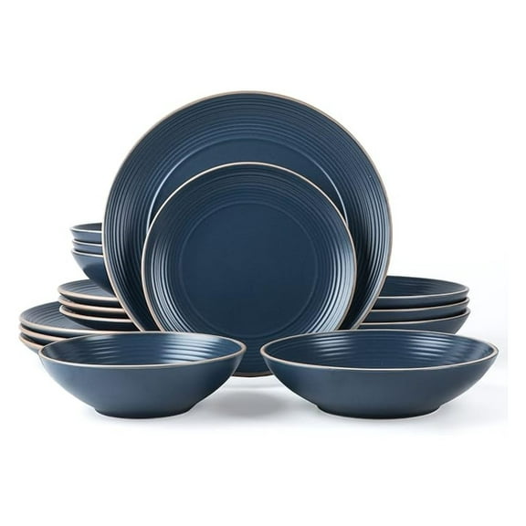 RINGAR 16pc Stoneware Dinnerware Set for 4, Speckle Matte Blue - Dinner Plates, Bowls, Pasta Bowls