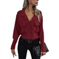 thumbnail image 3 of VISgogo, blusas de chifón salvaje a la moda para mujer, camisa de un solo pecho con cuello vuelto de Color sólido, Tops informales de manga larga para oficina para mujer VISgogo  moda, 3 of 8