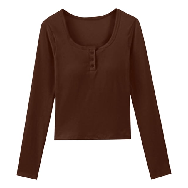 tarylea Soutien-Gorge Intégré pour Femmes, Bouton de Poitrine, Col Rond, Crop Top, Manches Longues, Couleur Unie, Chemise Décontractée pour Usage Quotidien