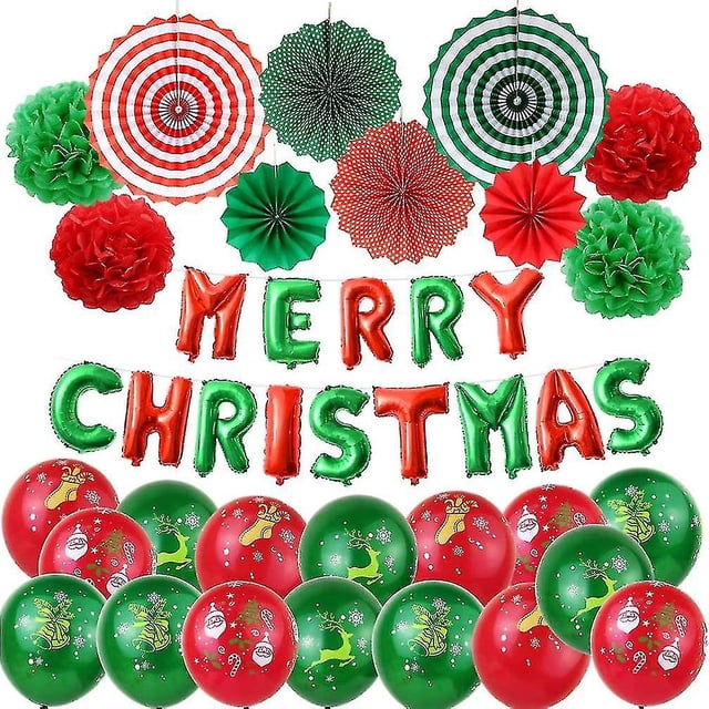 Globo navideño Abanico de papel colgante Globo de película de aluminio Suministros para fiesta de Navidad $ Juego de globos con letras navideñas $ Abanico de papel para fiesta de Navidad Cola de pez