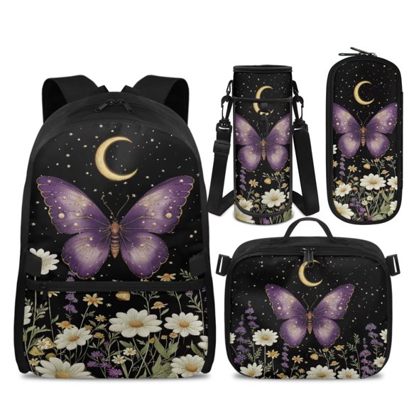 HUIACONG 17 Inch Moon Daisy Butterfly School Backpack 4-IN-1 Set for Boys Girls Age 6-10 Lightweight Backpack Detachable Lunch Box Pencil Case Water Bottle Holder