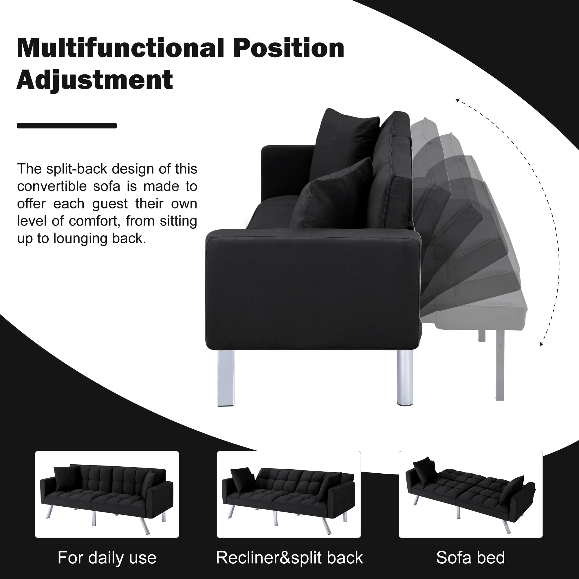 BSHTI 74" Velvet Convertible Futon Sofa Bed with Split Back & Square Tufting, 3-Position Adjustable, Metal Legs, 2 Toss Pillows for Living Room & Guest Room, Black