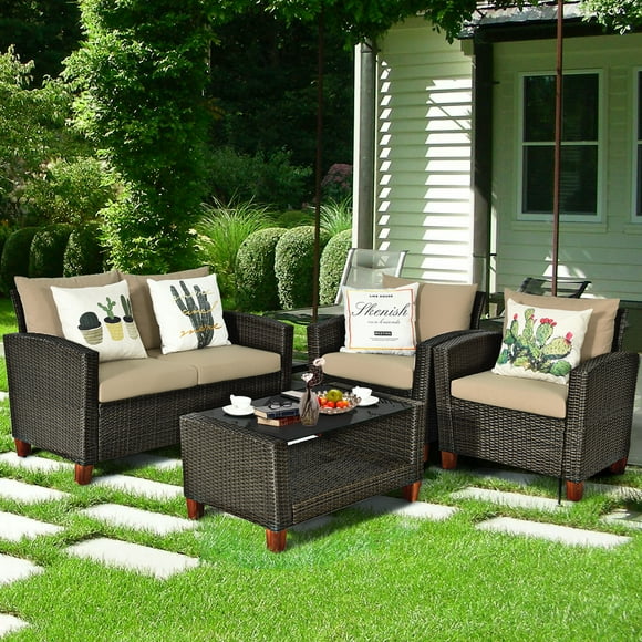 Costway Ensemble de Mobilier de Terrasse en Rotin 4 Pcs, Pieds en Bois Massif, Canapé Coussiné pour Jardin et Pelouse