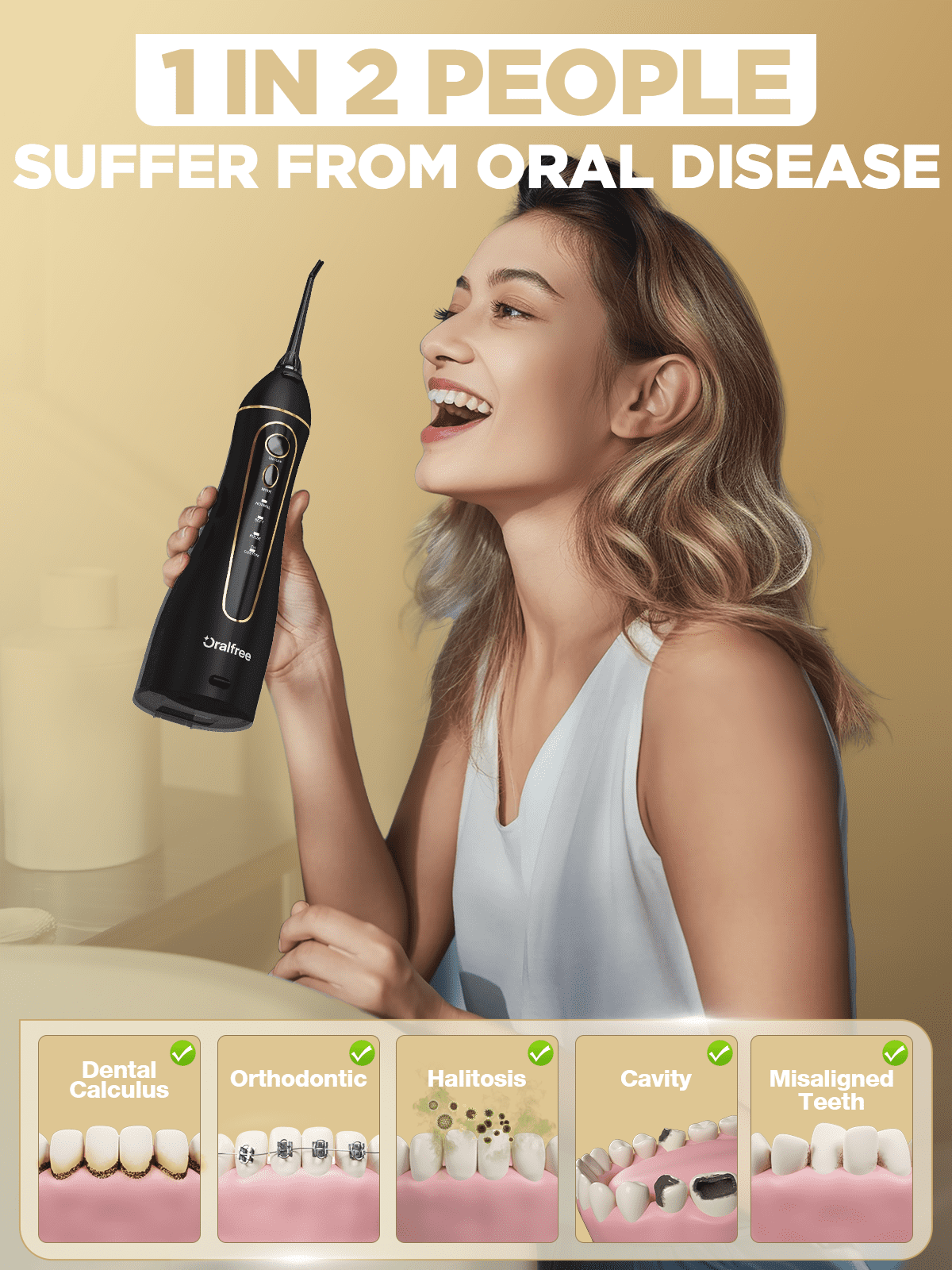Oralfree Water Flosser for Teeth Cleaning, Cordless Oral Irrigator with 5 Jet Tips, 4 Modes, IPX7 Waterproof, 250ML Tank, for Braces, Travel and Home Use, Black