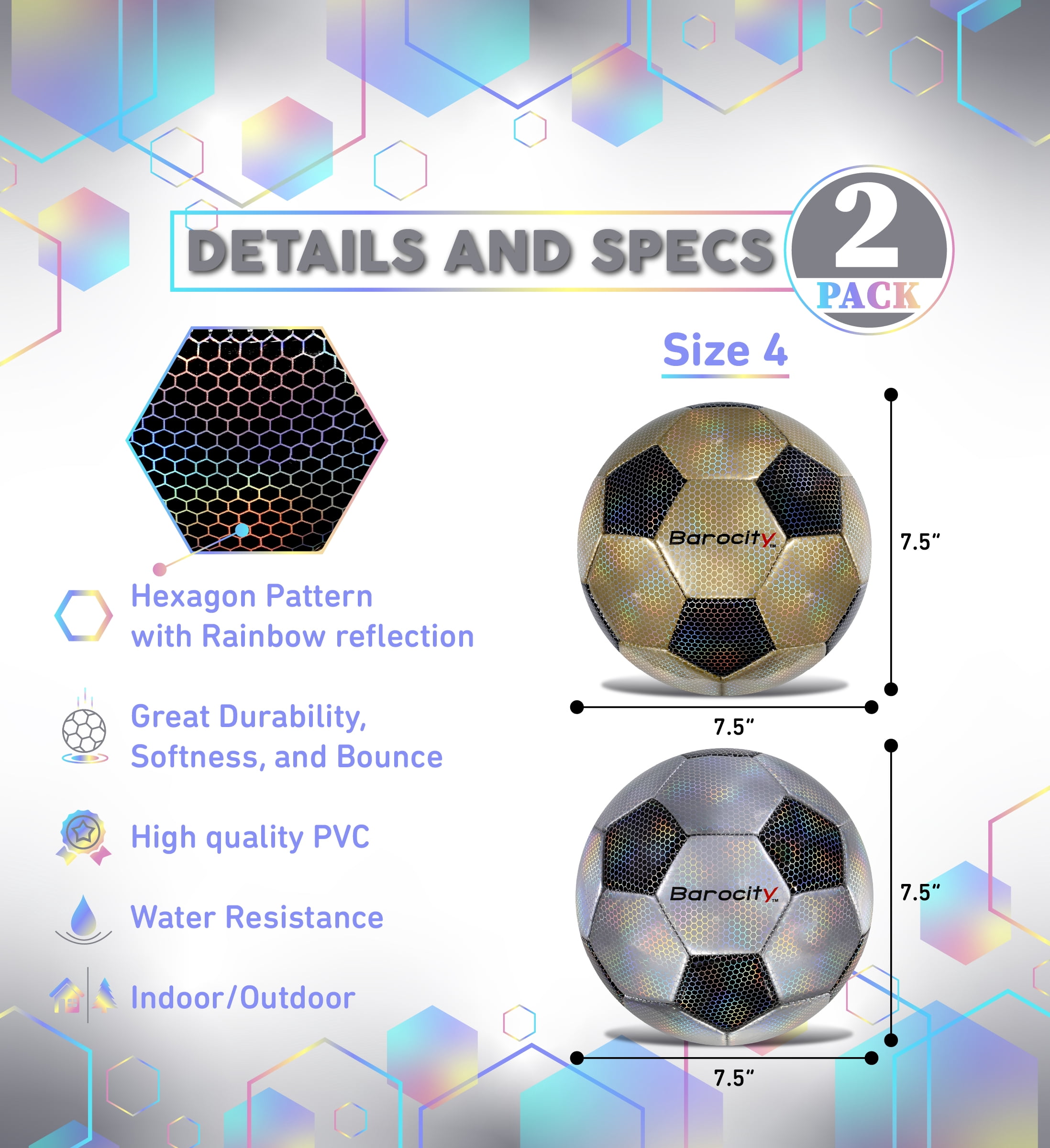 Barocity Classic Modern Pattern Soccer Balls Set of 2 - Classic Gold, Silver Official Match Ball with Reflective Hex Pattern, Sport Soccer Balls for Indoor and Outdoor Training and Practice - Size 4
