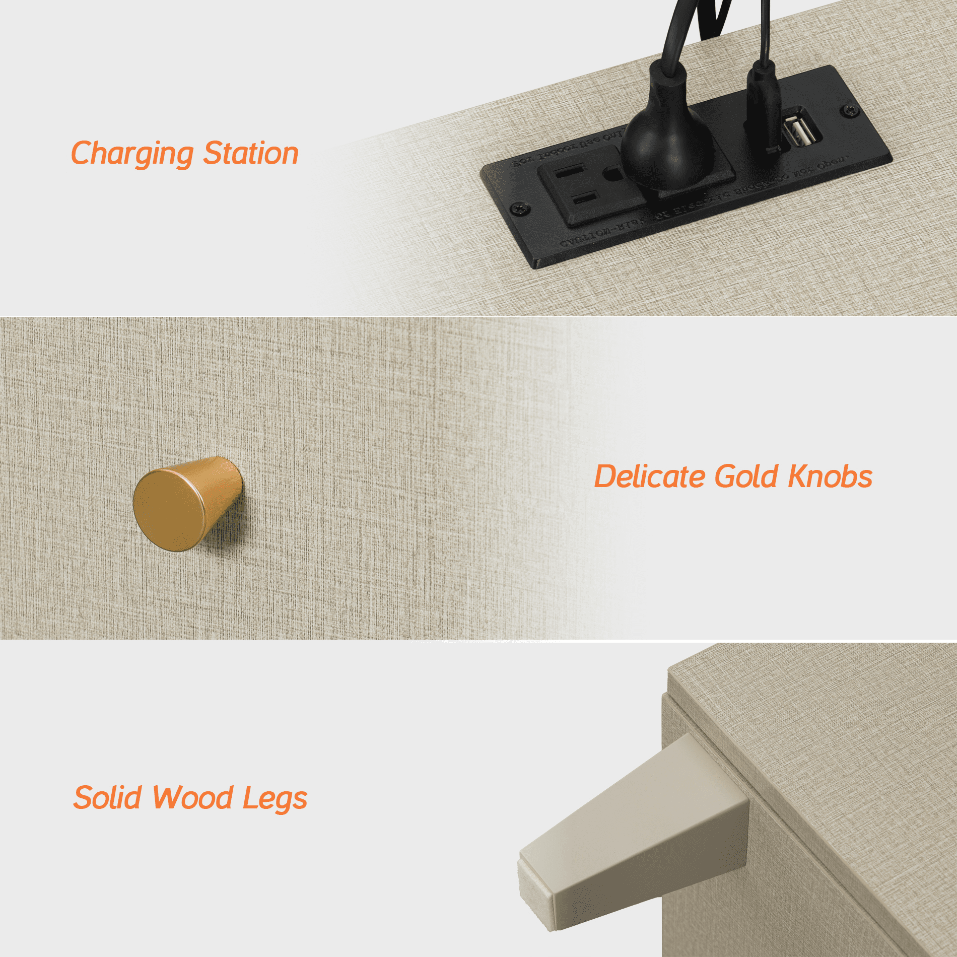 Bedside Table with 2 Deep Drawers and Charging Station, Nightstand for Bedroom, Beige Gray