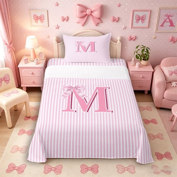 Meiyoeat Lovely Bow Letter M Twin Sheet Sets 3pcs for Girls Teens, Gentle Stripe Bedding, Light Pink White