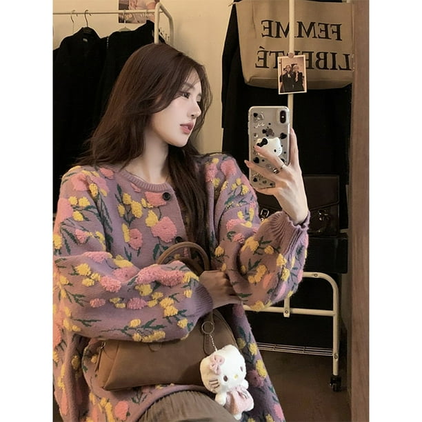 Cárdigan de punto con bordado de flores y cuello redondo para mujer, suéter flocado de moda para otoño e invierno, abrigo informal, prendas de punto que combinan con todo