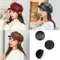 thumbnail image 3 of US 1-2Pc Women's PU Leather Plain Newsboy Cap Cabbie Visor Painter Hat Beret Hat, 3 of 5