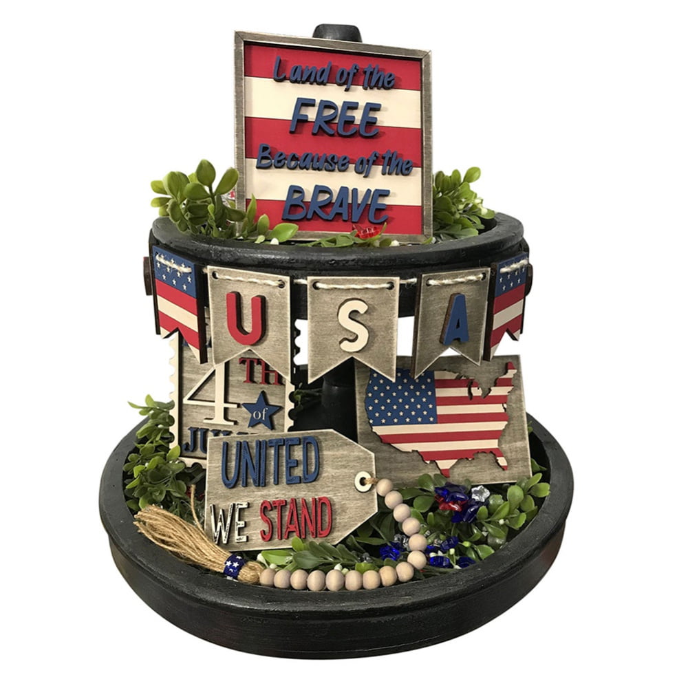 Patriotic Tiered Tray Decor Set Stars and Stripes Wood Signs Veterans