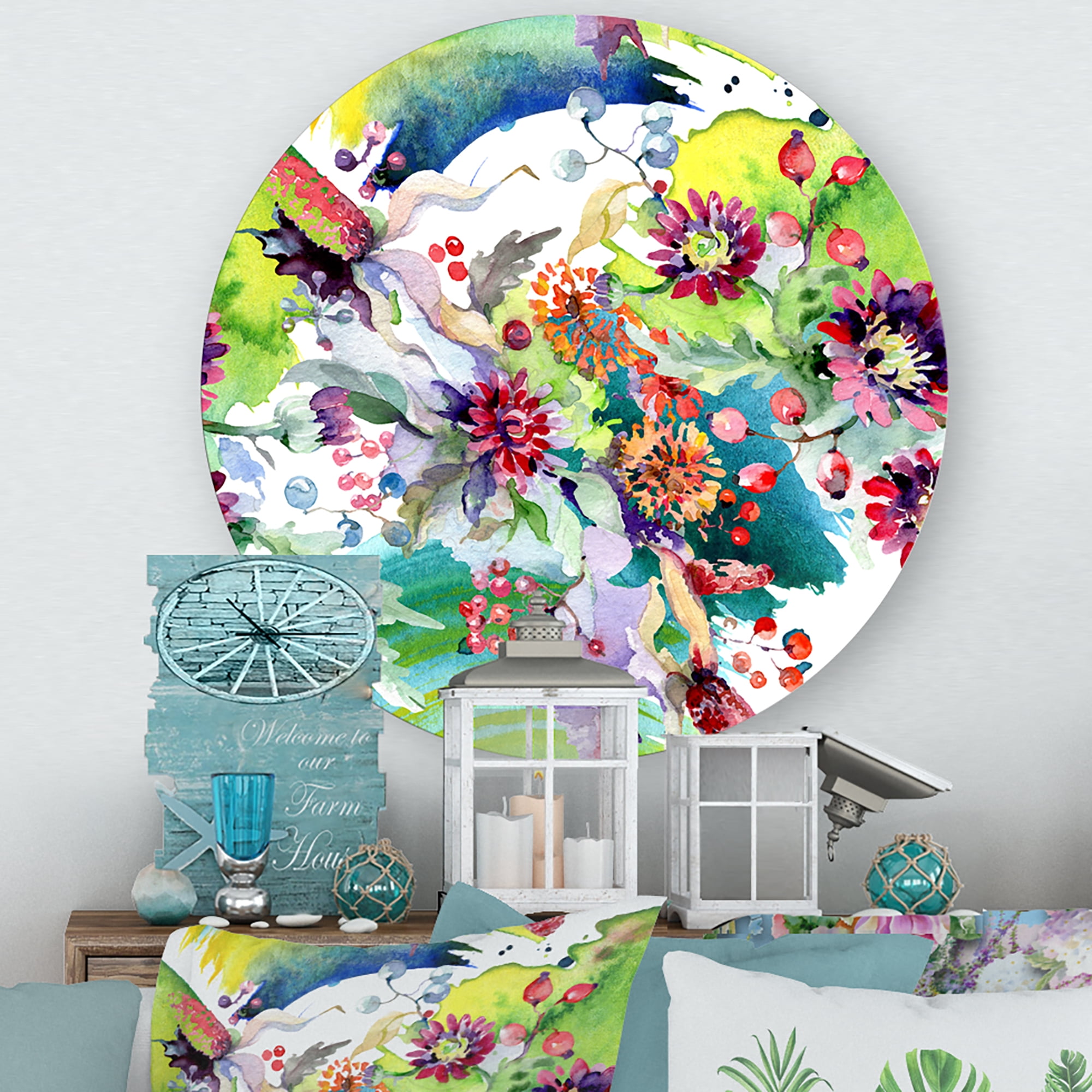 Designart 'Wildflowers and Vibrant Wild Spring Leaves X' Modern Circle Metal Wall Art 11x11 - Disc of 11