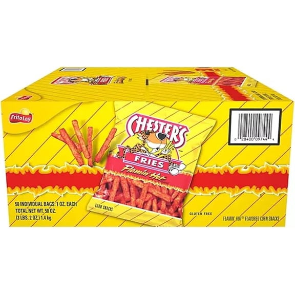 Chester’s FLAMIN’ HOT FRIES • 50 Bags • 1 oz EACH • Total 50 oz • Spicy Crunchy Corn & Potato Snack • Lunchbox / Office / Vending / Party BULK BOX