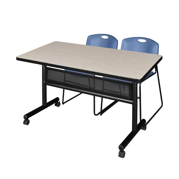 Regency Kobe 48 x 30 in. Flip-Top Privacy Nesting Table- Maple, 2 Zeng Stack Chairs- Blue