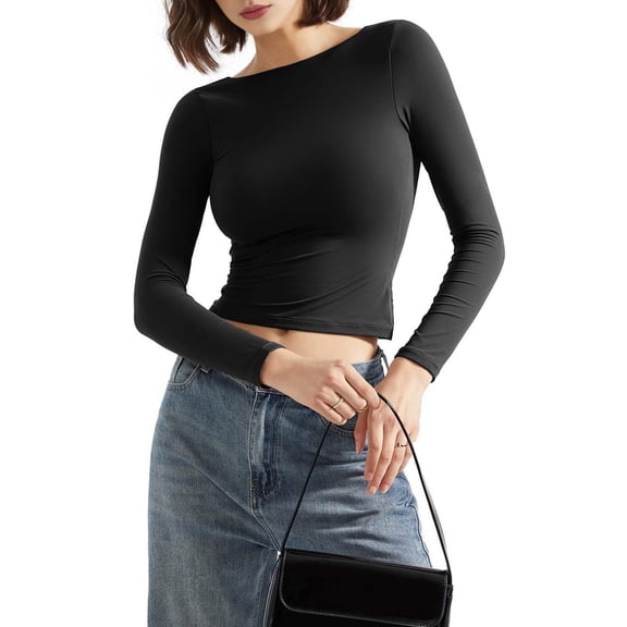 Women Backless Going Out Tops One Lined Open Back Basic Long Sleeve Black XL