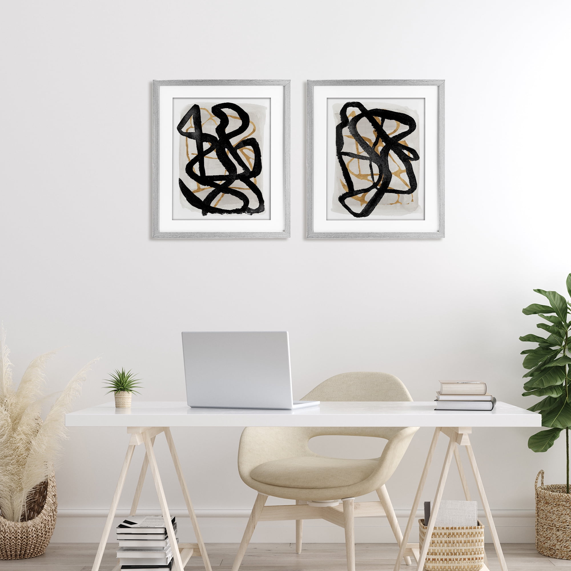 Stupell Industries Contemporary Hindsight Squiggles 2 Piece Gray Framed Print Under Glass Set, design by Lucille Price