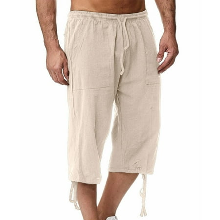 YANHAIGONG Capri Pants for Men with Pockets Loose Capri Pants for Men Casual Lightweight Yoga Capris for Men Elastic Waist Drawstring Yoga Pants Baggy 3/4 Beach Trousers