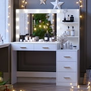 Rovaurx 46.7 Makeup Vanity Table with Lights and Mirror, 5 Drawers, Modern Dressing Desk, White