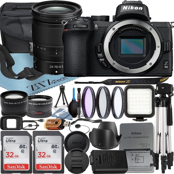 Nikon Z50 Mirrorless Camera with NIKKOR Z 24-70mm f/4 S Lens   SanDisk 32GB Card   Case   Wideangle   Tripod   ZeeTech Accessory Bundle