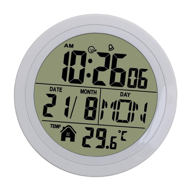 Reloj despertador digital de escritorio con pantalla de temperatura, multifuncional, redondo. Blanco