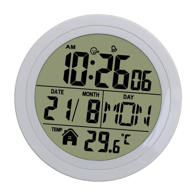 Reloj despertador digital de escritorio con pantalla de temperatura, multifuncional, redondo. Blanco