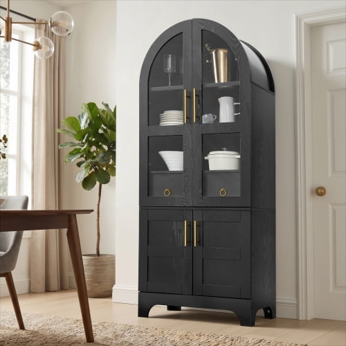 77" High Arched Kitchen Cabinet, Modern Tall Storage Cabinet with Glass Doors, Hidden Drawers & Side Spice Rack, for Kitchen Pantry Dining Room, Black