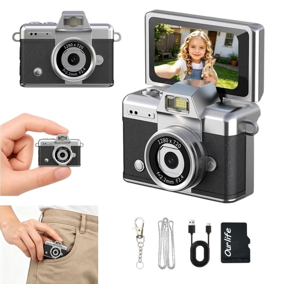 Ourlife Mini Keychain Digital Camera 2MP Portable Pocket Camera with Flip Screen 1080P Small Camera with 32GB Card for Kids,Travel,Beginners Party Built-in Filters 2H Battery Rechargeable Black