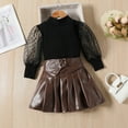 thumbnail image 2 of sususu Toddler Girls Long Sleeve Puff Sleeve T-Shirt with PU Leather Skirt Two-Piece Outfit Set ,Black,3-4 Years, 2 of 6