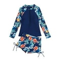 thumbnail image 3 of Huowey Baby Girl Swimsuit Patchwork Leaf Print Zipper Up Long Sleeve Shirt Shorts Rash Guard Bikini Set Sporty Two Piece Beachwear Beach Swimwear,Navy1,14-15 Years, 3 of 5