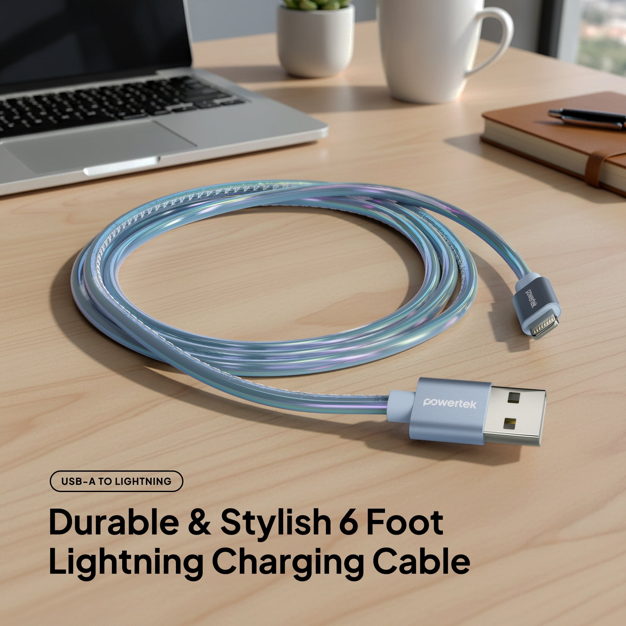 Powertek MFi Certified USB-A to Lightning Metallic Shine Pastel Charging Cable, 6 ft, Blue