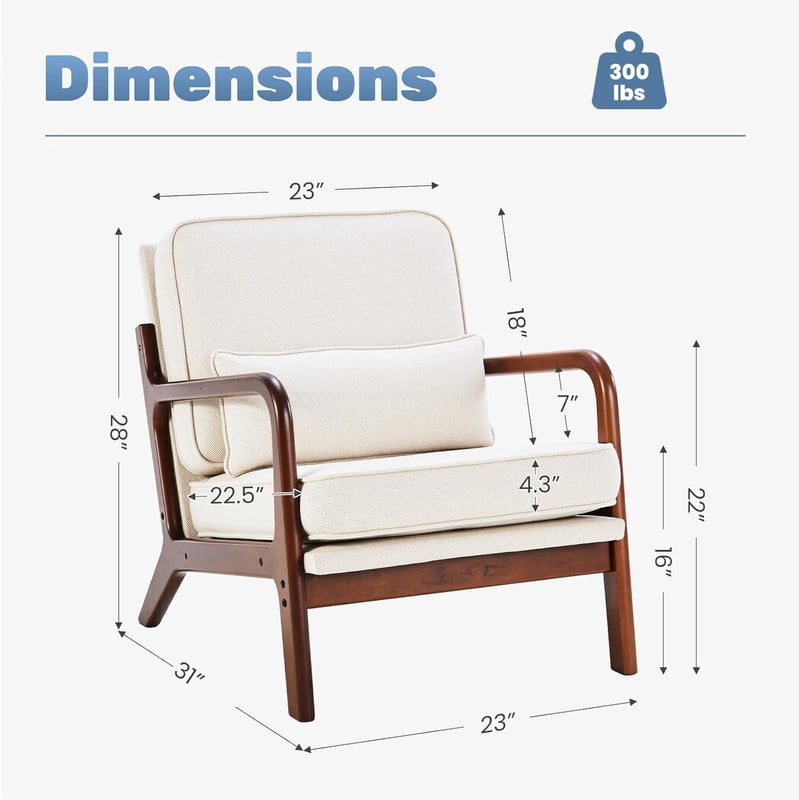 Simple Deluxe Accent Chair with Arms and Waist Pillow, Mid Century Modern Lounge Chair with Solid Wood Frame for Living Room, Bedroom, Cream