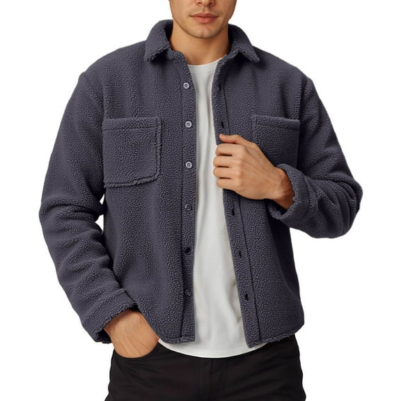 Wuxian Men Fuzzy Jacket Button Down Turndown Collar Shirt Jacket Soft Thermal Lined Open Front Coat With Pockets Fall Winter Warm Casual Dailywear,Grey,L