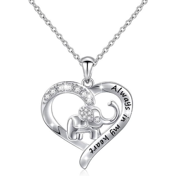 Aleasha Silver Elephant Heart Pendant Necklace for Women Zirconia Cute Necklace Always in my Heart Jewelry Gift