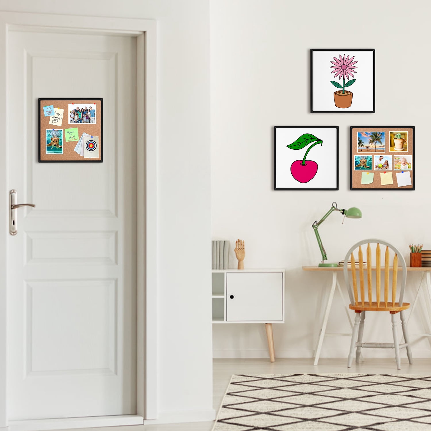 Cork Bulletin Board and Dry Erase White Board for Wall, 4-Pack, 12" X 12" Square Tiles with Black Aluminum Frame