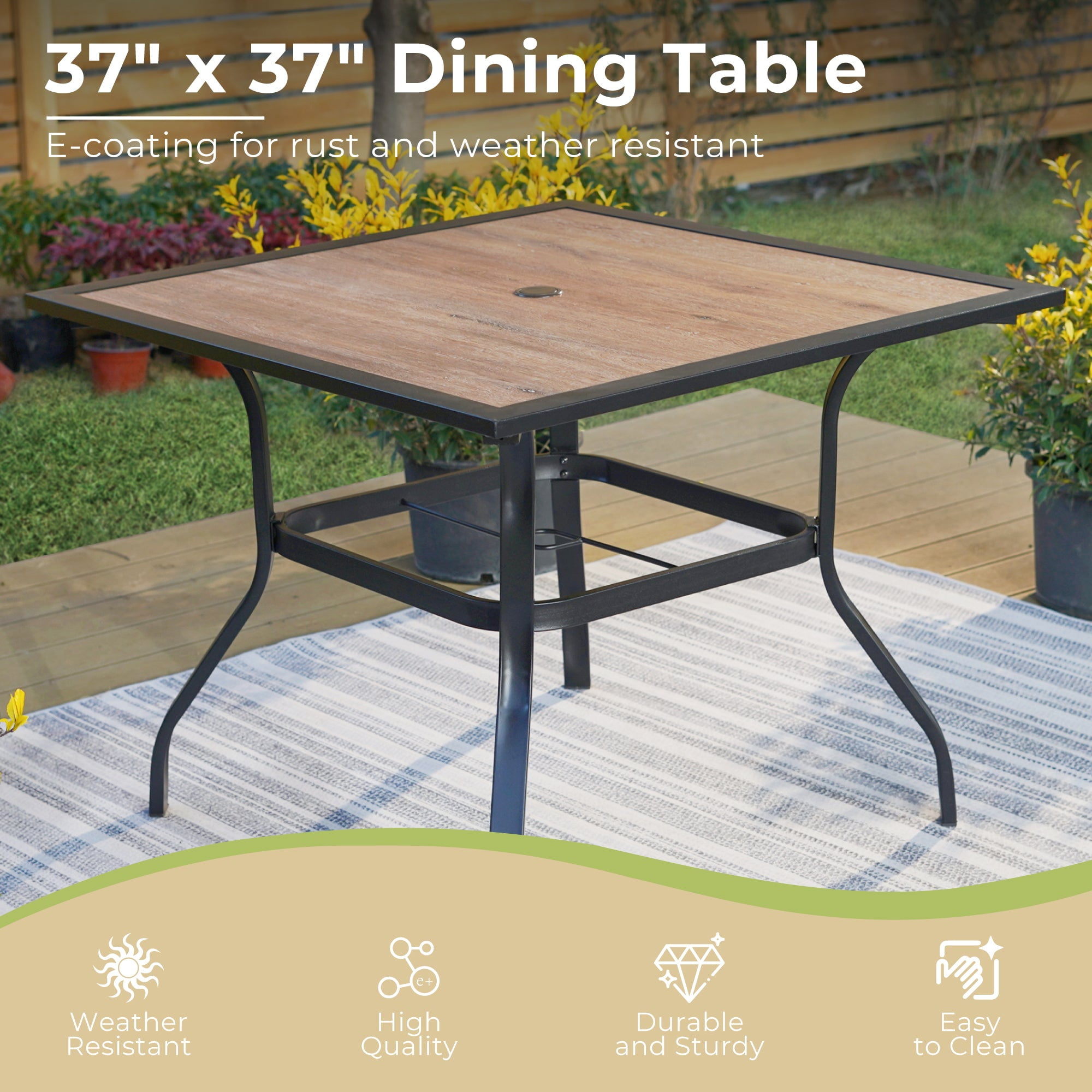 5-Piece Wicker Outdoor Patio Dining Set, Lounge Chair with Back/Seat Cushion & Wood-Grain Square Table with Umbrella Hole for 4 People, Beige