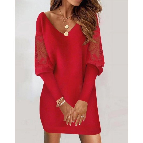 Vestido de retazos de encaje estampado con cuello en V para mujer, manga larga, temperamento versátil para viajes, nuevo, otoño