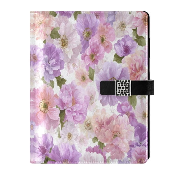 Leather Notebook with Pen Holder Writing Notepad Includes 100 Pages Lined Journal Lavender and Pink Flowers