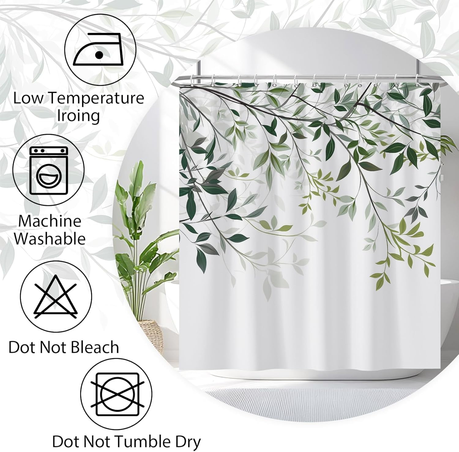 72x84 Inches Green Leaves Shower Curtain Watercolor Abstract Leaf Branch Nature Plant Bath Curtain Botanical Fabric Shower Curtain for Bathroom Decor Set Polyester Waterproof with Hooks