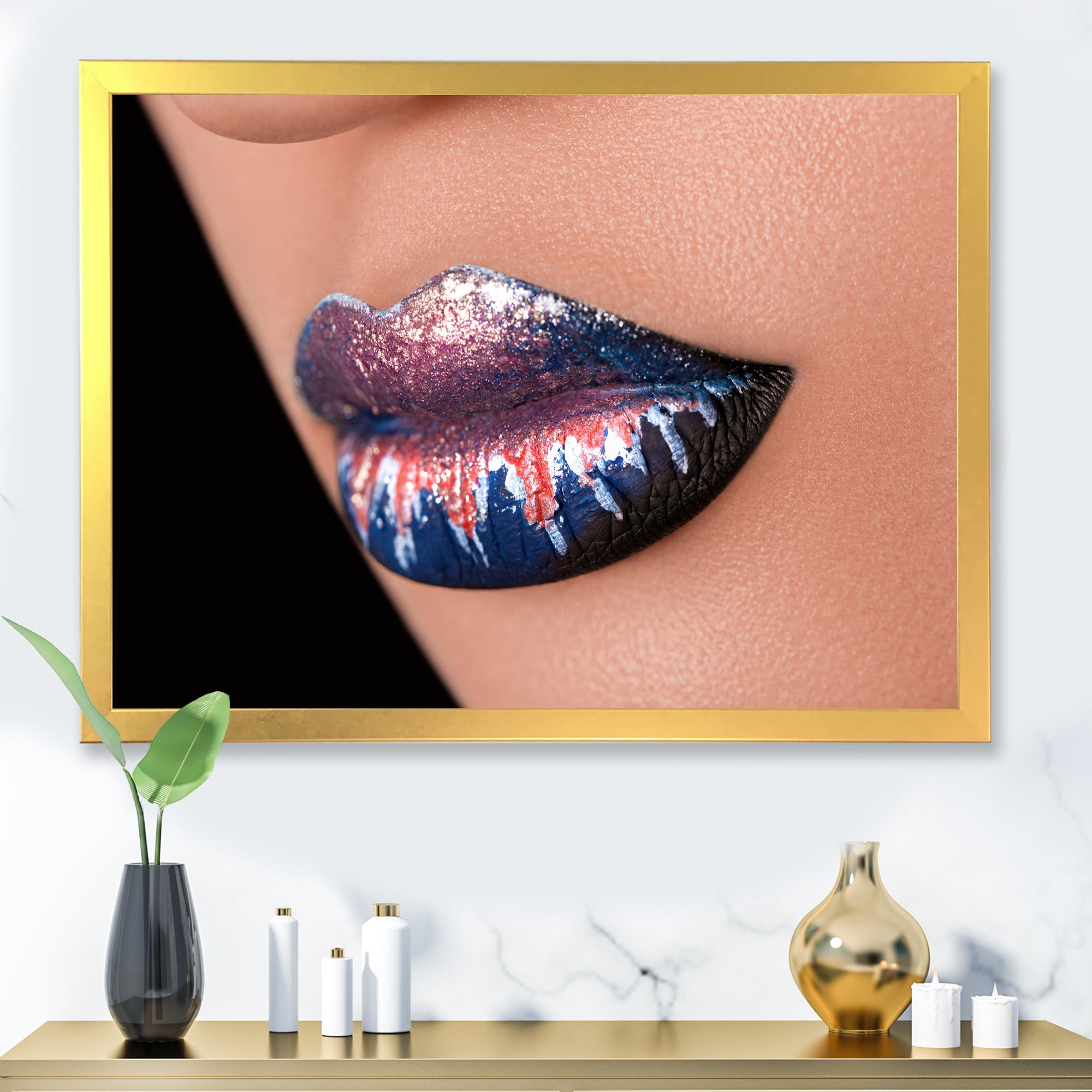 Designart 'Fashion and Creative Make Up On Woman Lips' Modern Framed Art Print