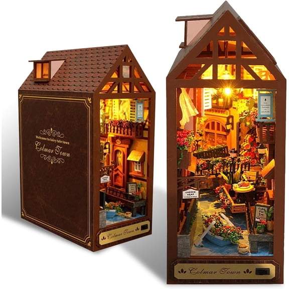 TOPCHANCES DIY Book Nook Kit, 3D Wooden Puzzle Bookshelf Insert Decor with LED Light, DIY Miniature Dollhouse Model Kit, Christmas Decorations Gifts for Ages 14