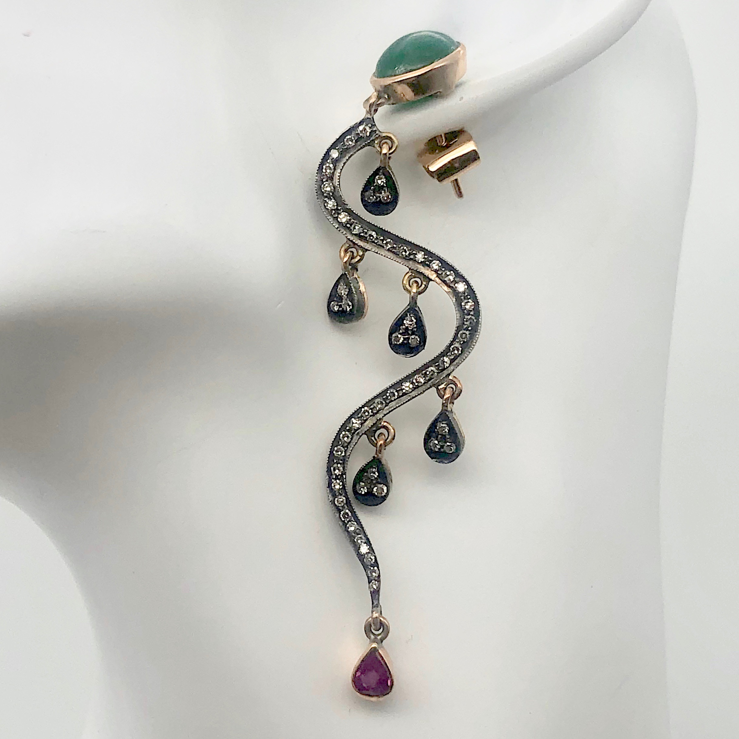 18Kt Gold Earrings Dripping W/ 108 Diamonds Pink Sapphire Emerald | 2.75 inches| - image 5 of 10