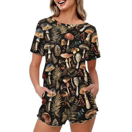 Yuyamidu Mushroom Pajama Shirt and Shorts Set Lightweight Short Sleeve Sleepwear 2-Piece Pjs Set for Women Size 2XL Comfortable Scoop Neck Nightwear
