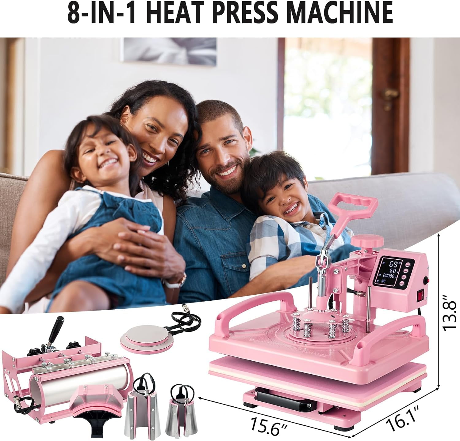 SHZOND 15x12 Inch Heat Press, 8 in 1 Heat Press Machine with 30 OZ Tumbler Press,Swing Away T Shirt Pressing Machine, Combo Heat Press Machine Sublimation for T-Shirt Hat Cap Mug Plate Tumbler （Pink）