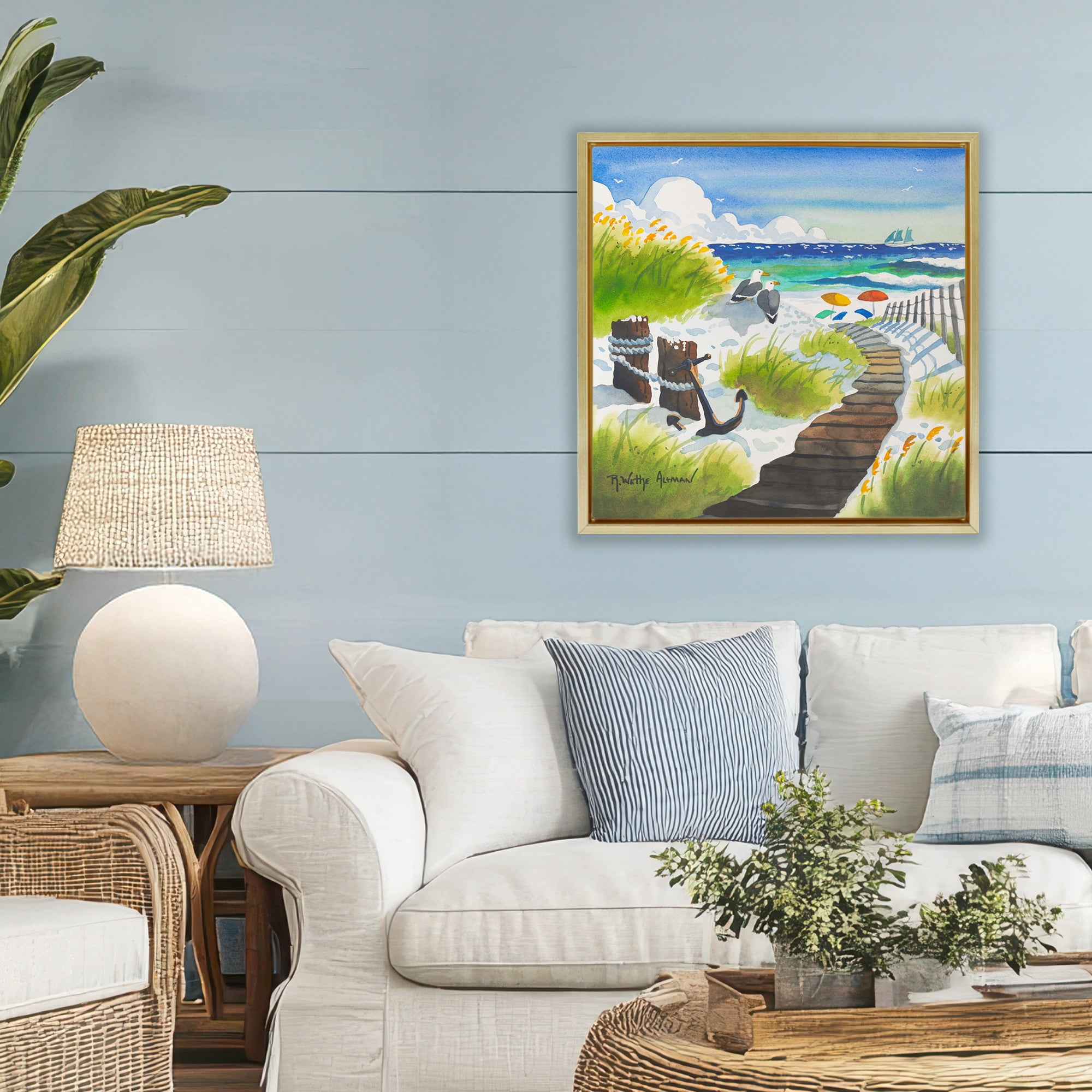Stupell Industries Seagull & Anchor on Shore Gold Framed Floater Canvas Wall Art, design by Robin Altman