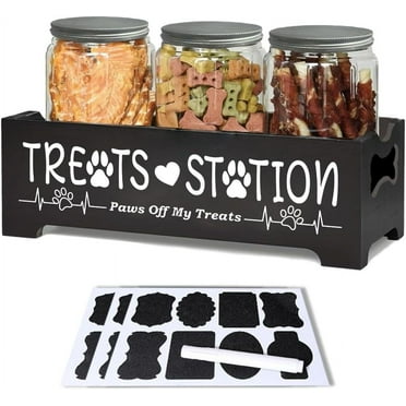 Dog Treat Container Airtight Dog Food Storage Container with 3 Jars Farmhouse Wood Dog Treat Jars Pet Food Storage Containers for Dog Cat or Small Animals(Black)
