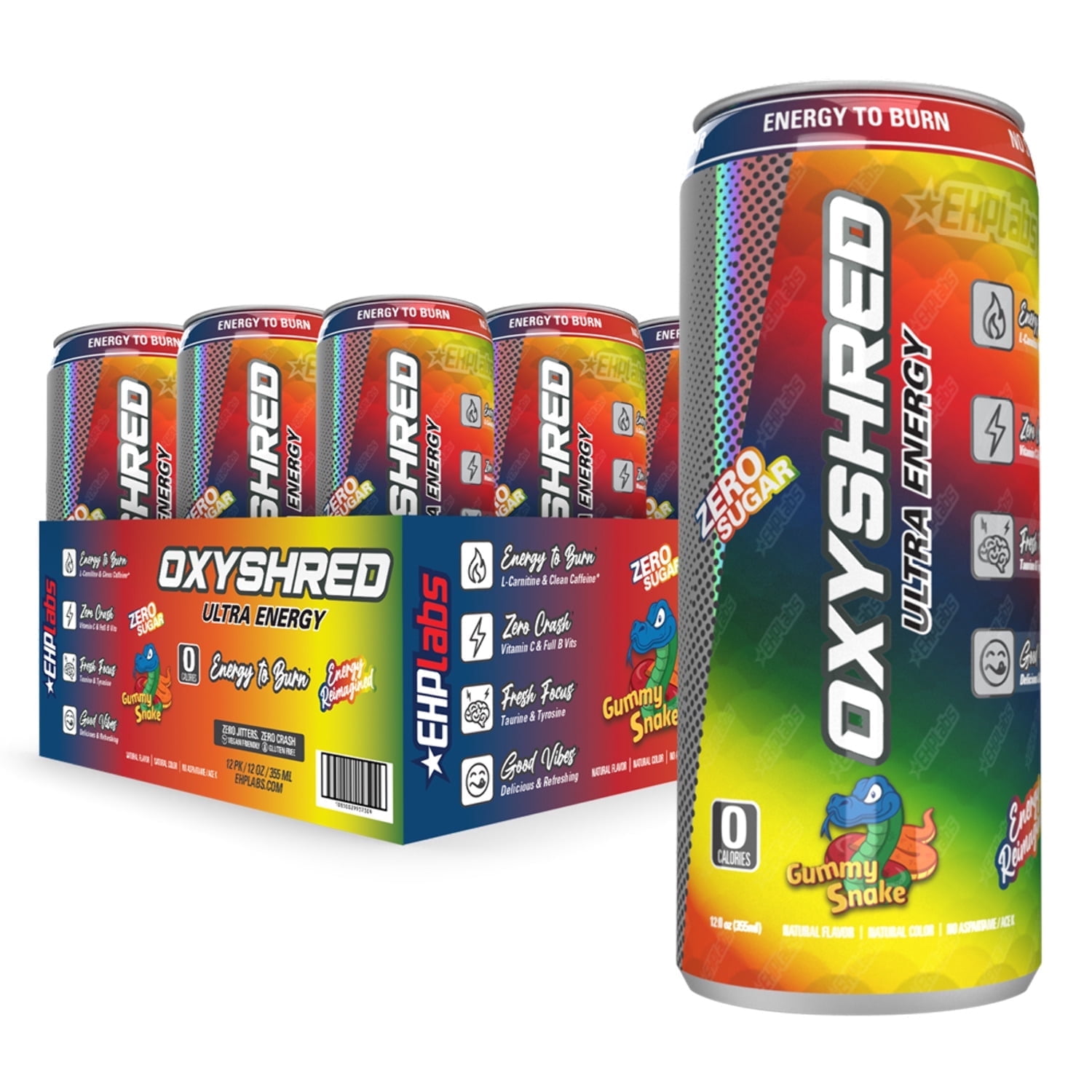 EHP Labs OxyShred Healthy Energy Drink - Zero Sugar Energy Drinks with Amino Acids, Green Tea Extract, Vitamin C & L Carnitine - Zero Carbs, Zero Calories, Clean Caffeine, Gummy Snake (12-Pack)
