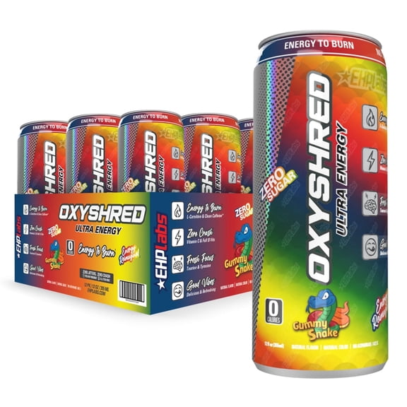 EHP Labs OxyShred Healthy Energy Drink - Zero Sugar Energy Drinks with Amino Acids, Green Tea Extract, Vitamin C & L Carnitine - Zero Carbs, Zero Calories, Clean Caffeine, Gummy Snake (12-Pack)